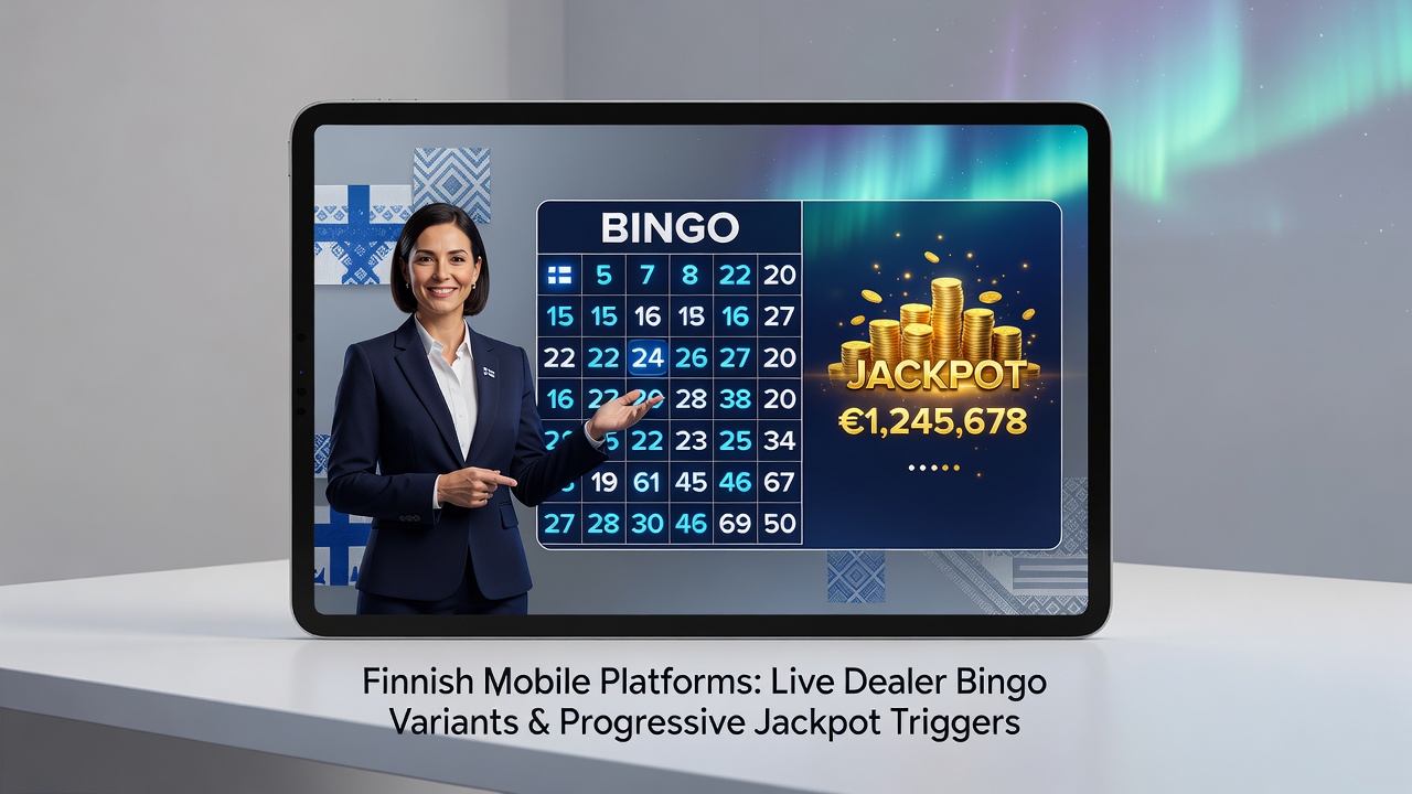 Close-up view of a progressive jackpot trigger notification on a Finnish bingo app during a live dealer session with promotion details